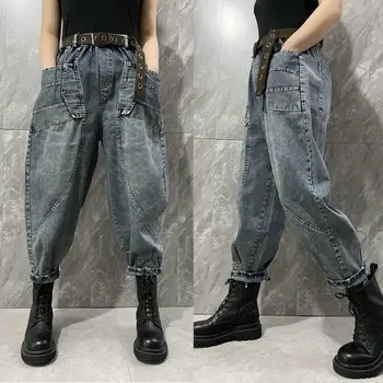 2022 Vintage Moda Confortabil din Bumbac Pantaloni Harem pentru Femei Denim Liber Talie Mare Full-lungime Blugi Doamnelor Pantaloni Casual E698