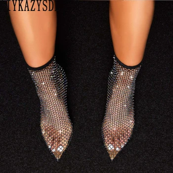 AIYKAZYSDL Femei Stras de Cristal Mesh Stretch Șosete Cizme Transparente Pantofi cu Toc Fetiș Pantofi Clubwear Plus Dimensiune