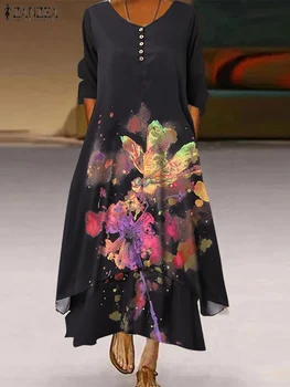 Boem V-Gât mâneci Maxi rochie de plajă ZANZEA de Primăvară Femei Florale Imprimate Rochie de Moda Casual, Liber de Vacanță Halat 2022