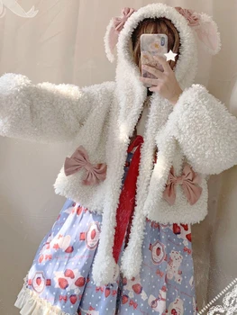 Toamna Iarna Harajuku Miel Lână Jachete Pălărie de Iepure se Deplasează Urechi Drăguț Kawaii Outwear Femei Dulce Vrac Culturilor de Pluș JK Arc Straturi