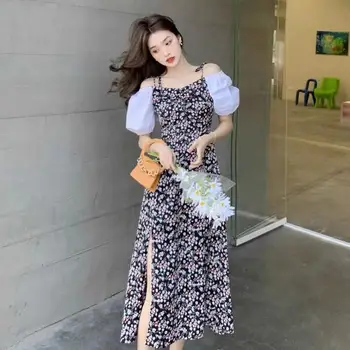 Vintage De Pe Umăr Rochie Midi Coreea Moda Haine De Vară Slim Talie Elastic Elegant Doamnă Birou Sifon Split Rochie Lunga