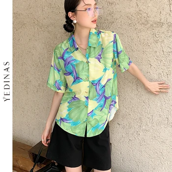 Yedinas Verde Floral Shirt Pentru Femei Maneci Scurte Hawaiian Buton De Cămașă Cu Guler Vrac Top De Vară Și Bluze 2021 Moda